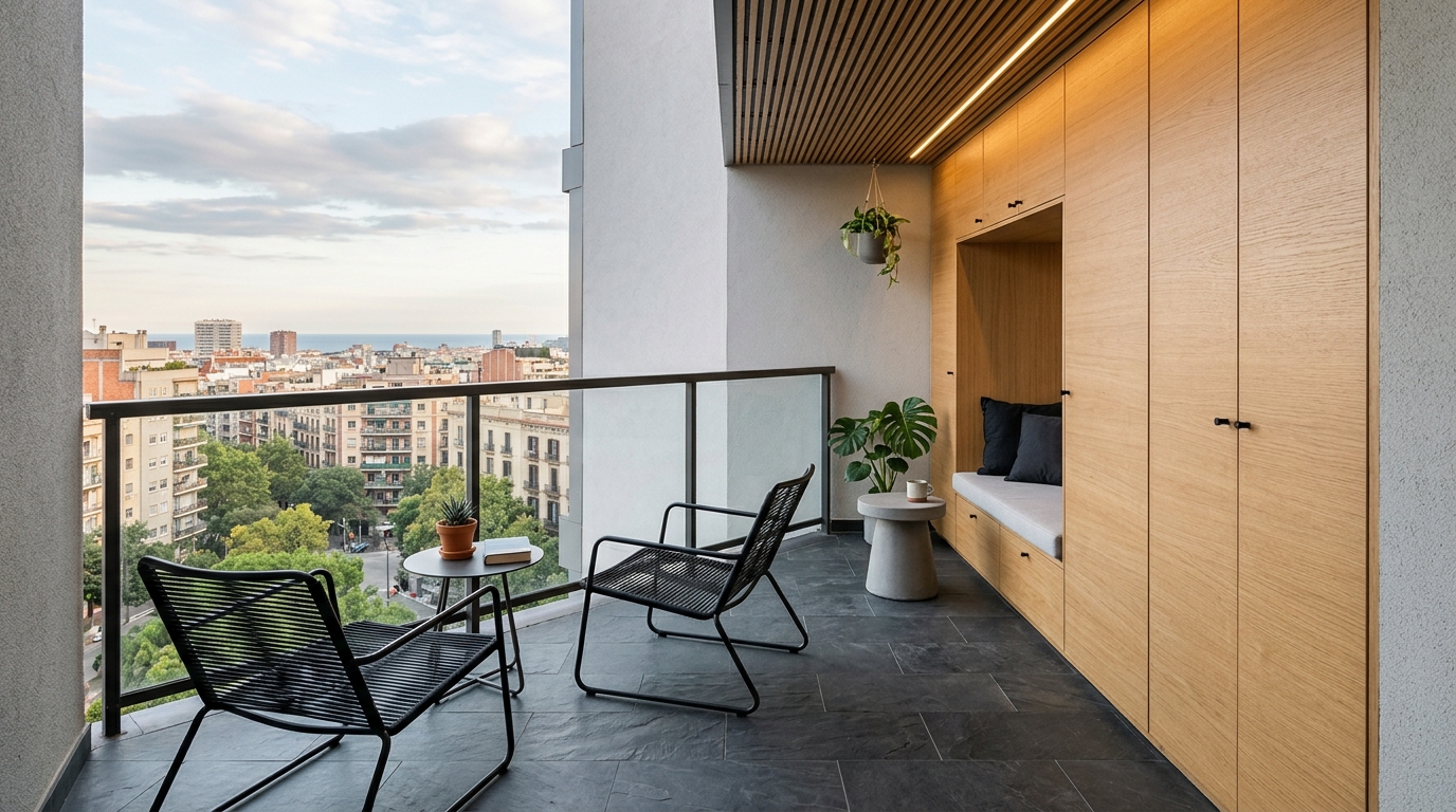 Modern balcony aesthetic featuring slate charcoal tiles and light oak cabinetry.