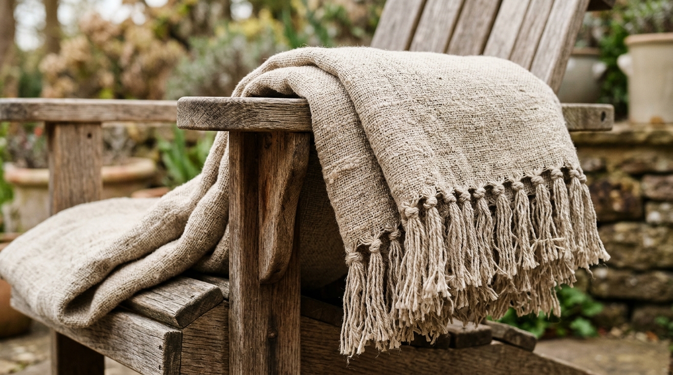 Detail of a designer outdoor throw in a heavy-gauge linen weave on a teak chair.