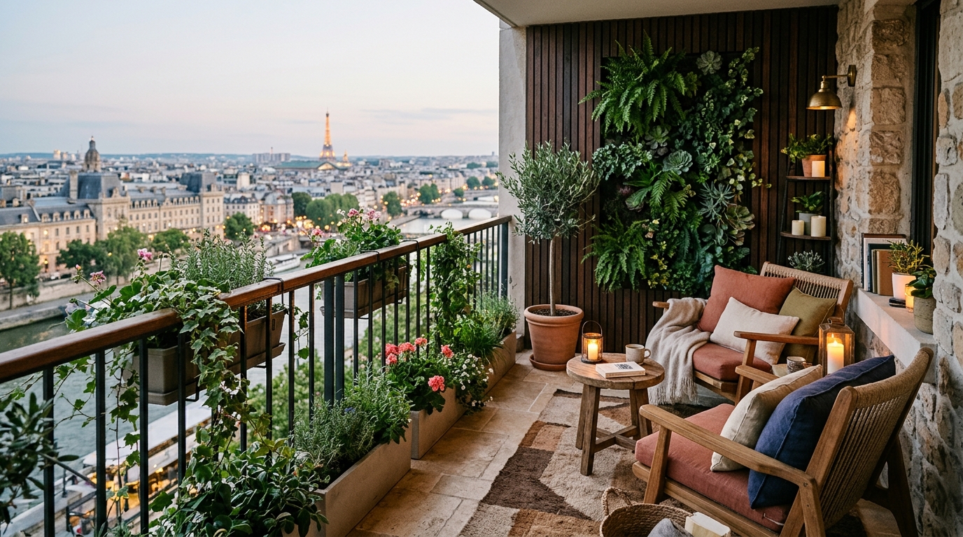 A panoramic view of a luxury apartment balcony that seamlessly blends architectural precision with organic warmth.