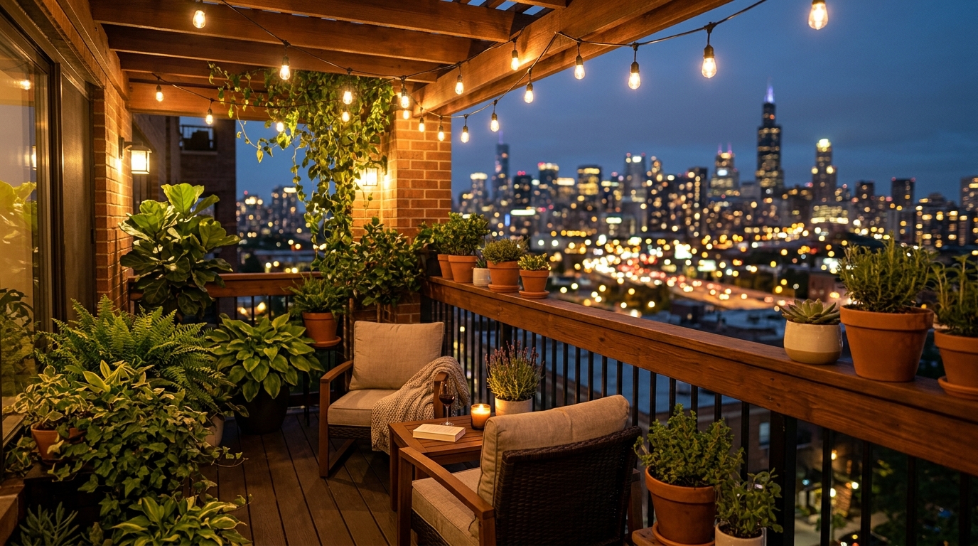 Atmospheric evening shot demonstrating the difference between 2700K warm ambient lighting and 3000K task lighting on an urban balcony.