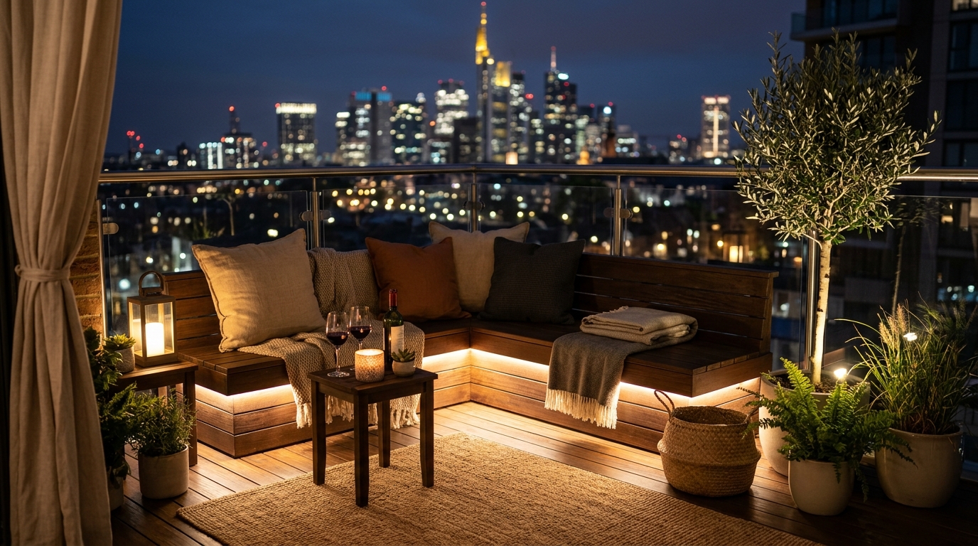 Small apartment balcony ideas lighting guide visual showing the difference between 2700K warm ambient glow and 3000K task lighting.