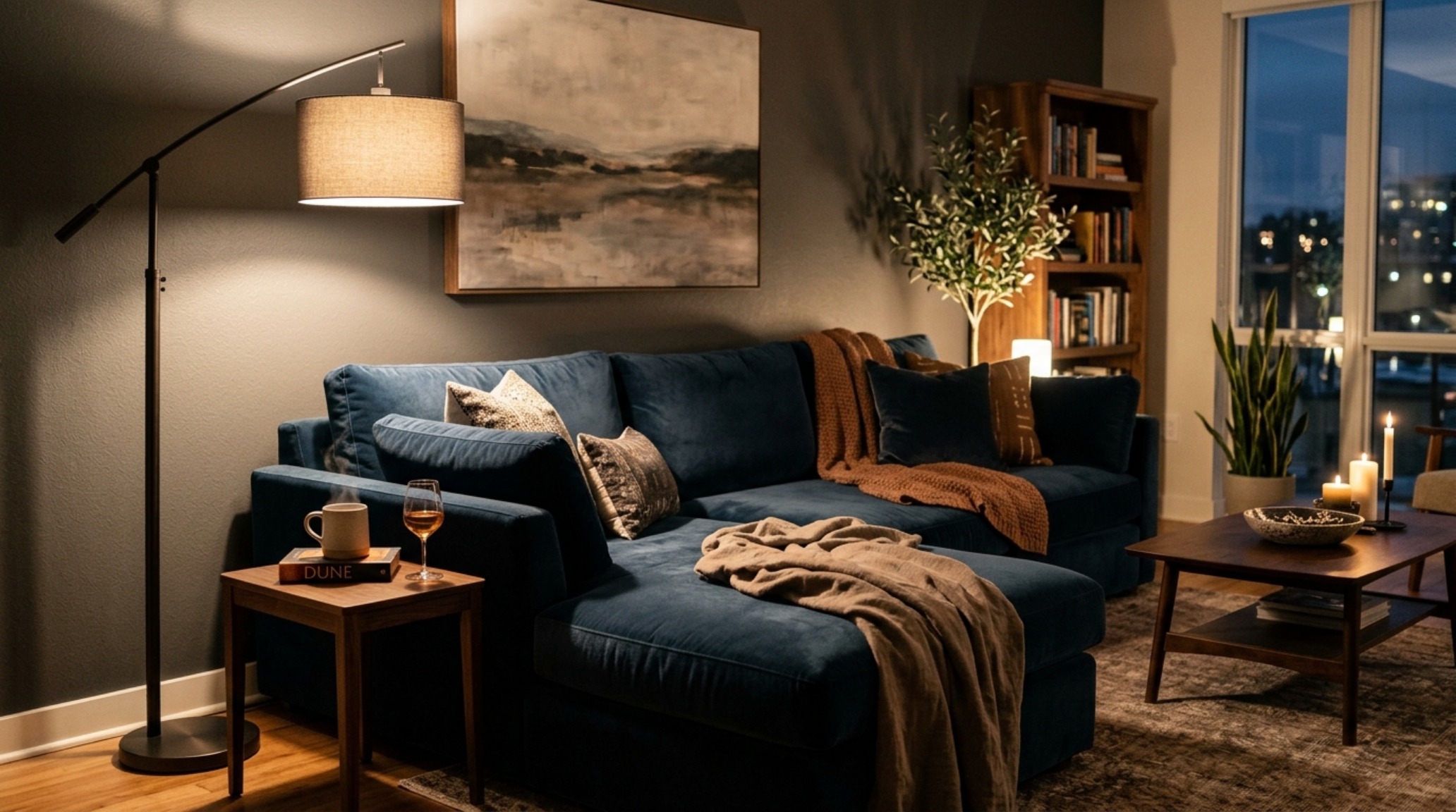 Ambient evening living room shot demonstrating the best crate and barrel sofas guide decor ideas lighting guide with 2700K warm glow on velvet upholstery.