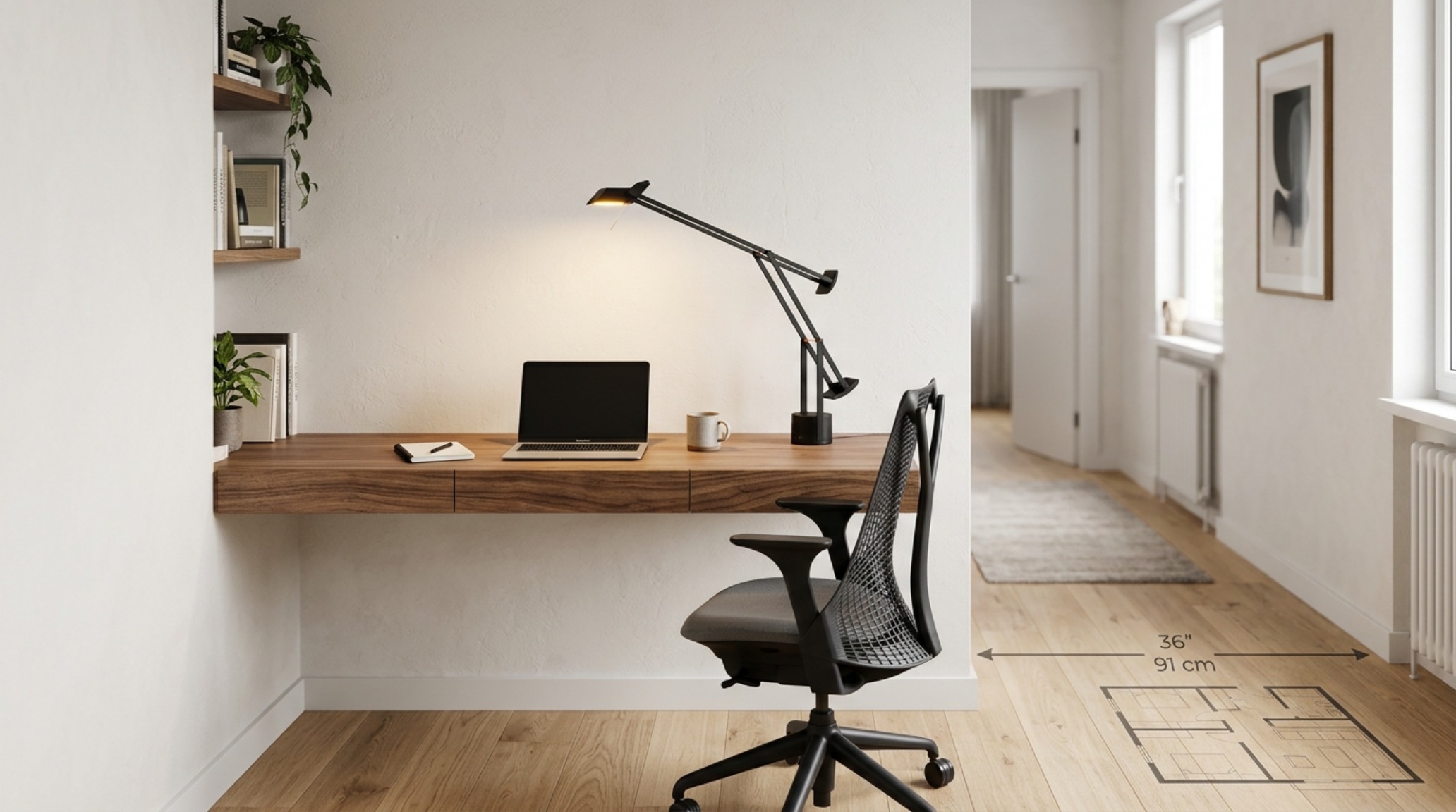 A minimalist home office nook showcasing best house apartment april 2017 decor ideas ergonomics, featuring a floating oak desk and integrated 3000K task lighting.