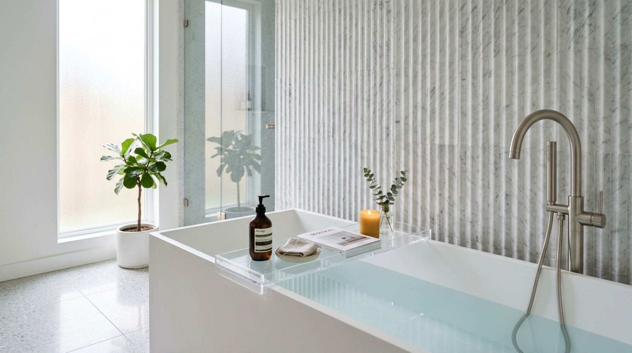 A modern bathroom featuring a clear acrylic bathtub tray that maintains sightlines to a feature wall of fluted marble tiles.