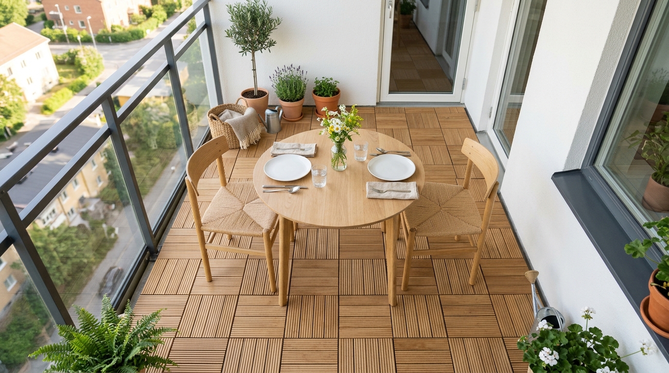 Top-down ergonomic view of a compact balcony dining setup with a 30-inch chair clearance and fluted white oak decking tiles.