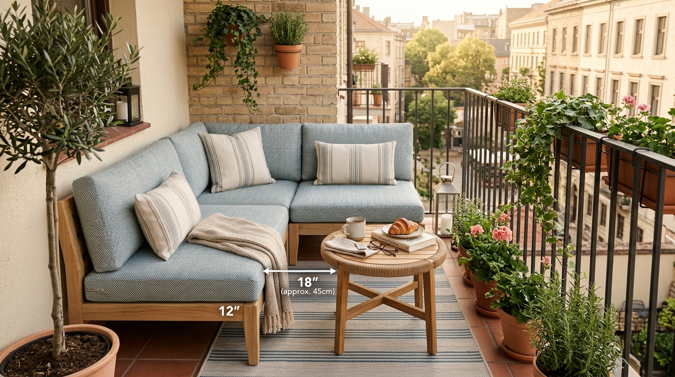 Ergonomic seating layout on a small balcony with 18-inch coffee table reach and high-performance Sunbrella fabrics.