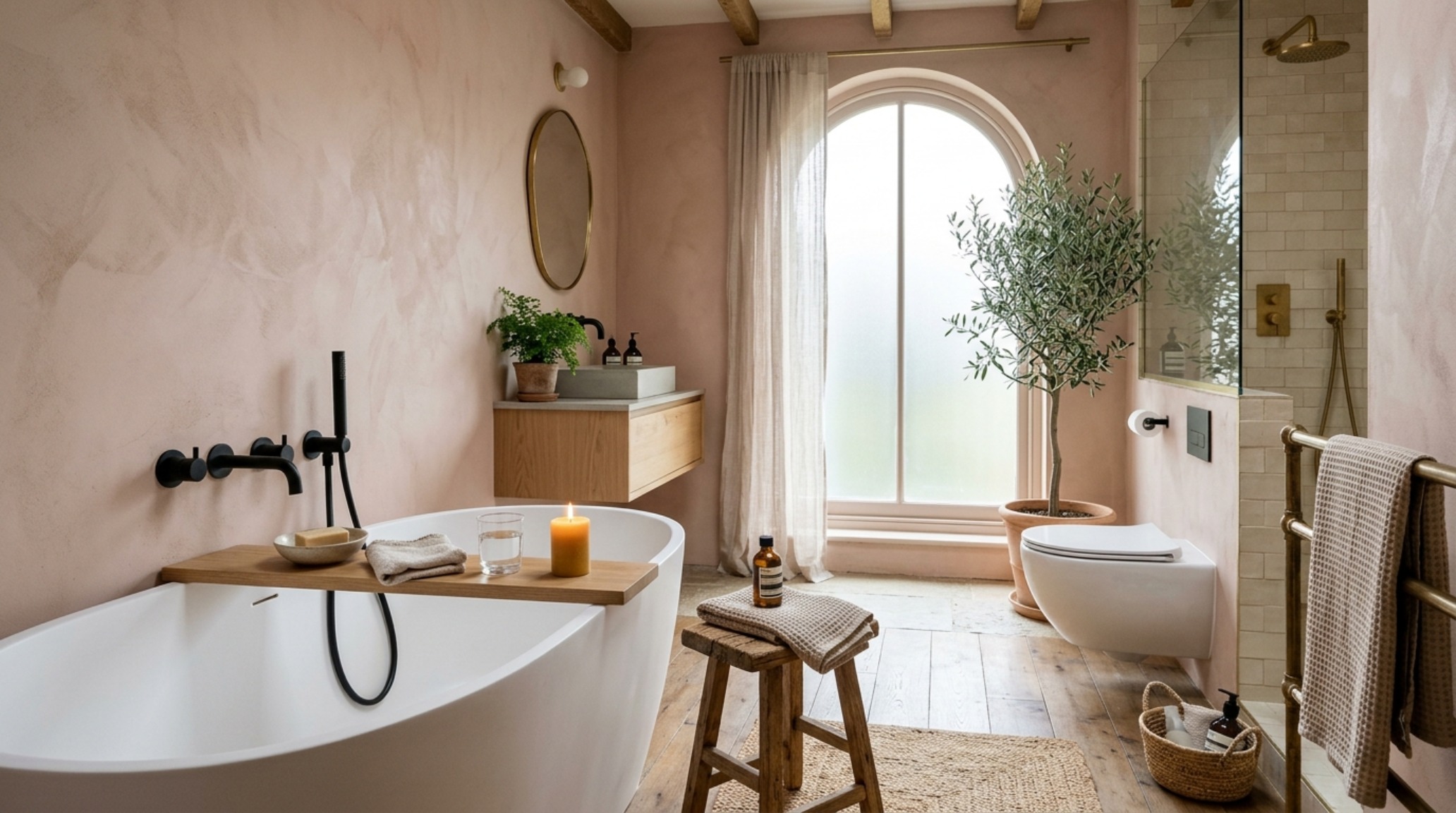 Small space bathroom layout showcasing a slim profile bamboo bathtub tray paired with a wooden side stool for optimized spatial flow.