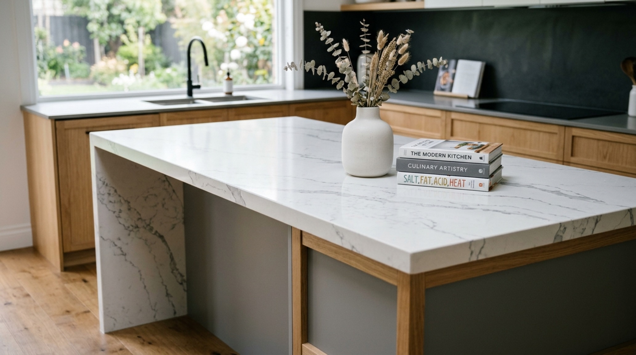 modern best kitchen counter material ideas with a waterfall edge island in Calacatta marble-look quartz against dark charcoal cabinetry modern best kitchen counter material ideas with a waterfall edge island in Calacatta marble-look quartz against dark charcoal cabinetry