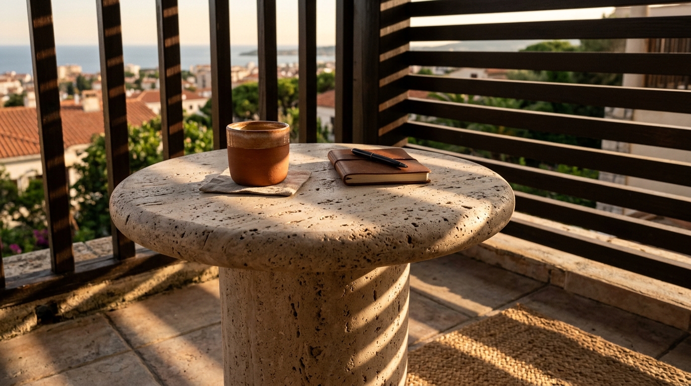 Detail shot of a honed travertine side table on a balcony with soft evening shadows and a glass of wine.