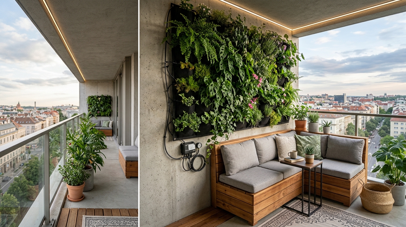 Modern small apartment balcony ideas featuring vertical greenery and modular timber seating against a concrete city backdrop.