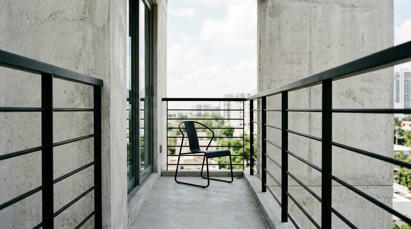 Minimalist small apartment balcony ideas architecture featuring a black powder-coated steel railing and a single sculptural chair.