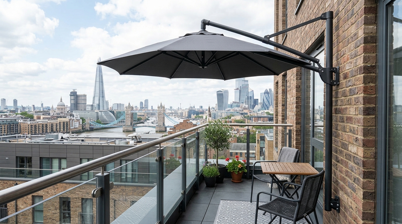 Architectural shot of a wall-mounted parasol saving floor space on a narrow luxury apartment balcony.