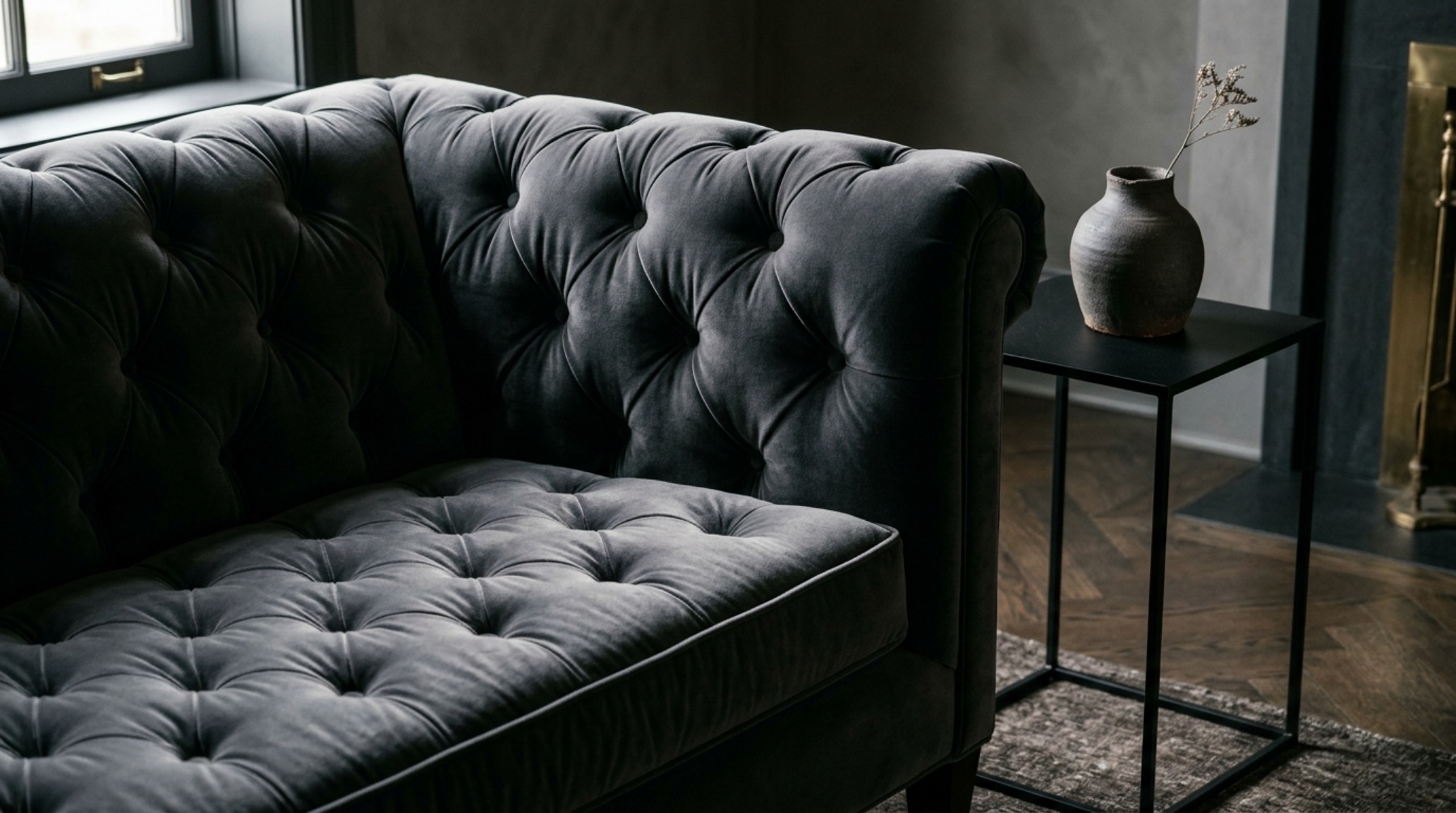 Editorial view of a Gather sofa in a transitional space, showcasing fluted oak details and honed travertine stone accents for a luxury feel.