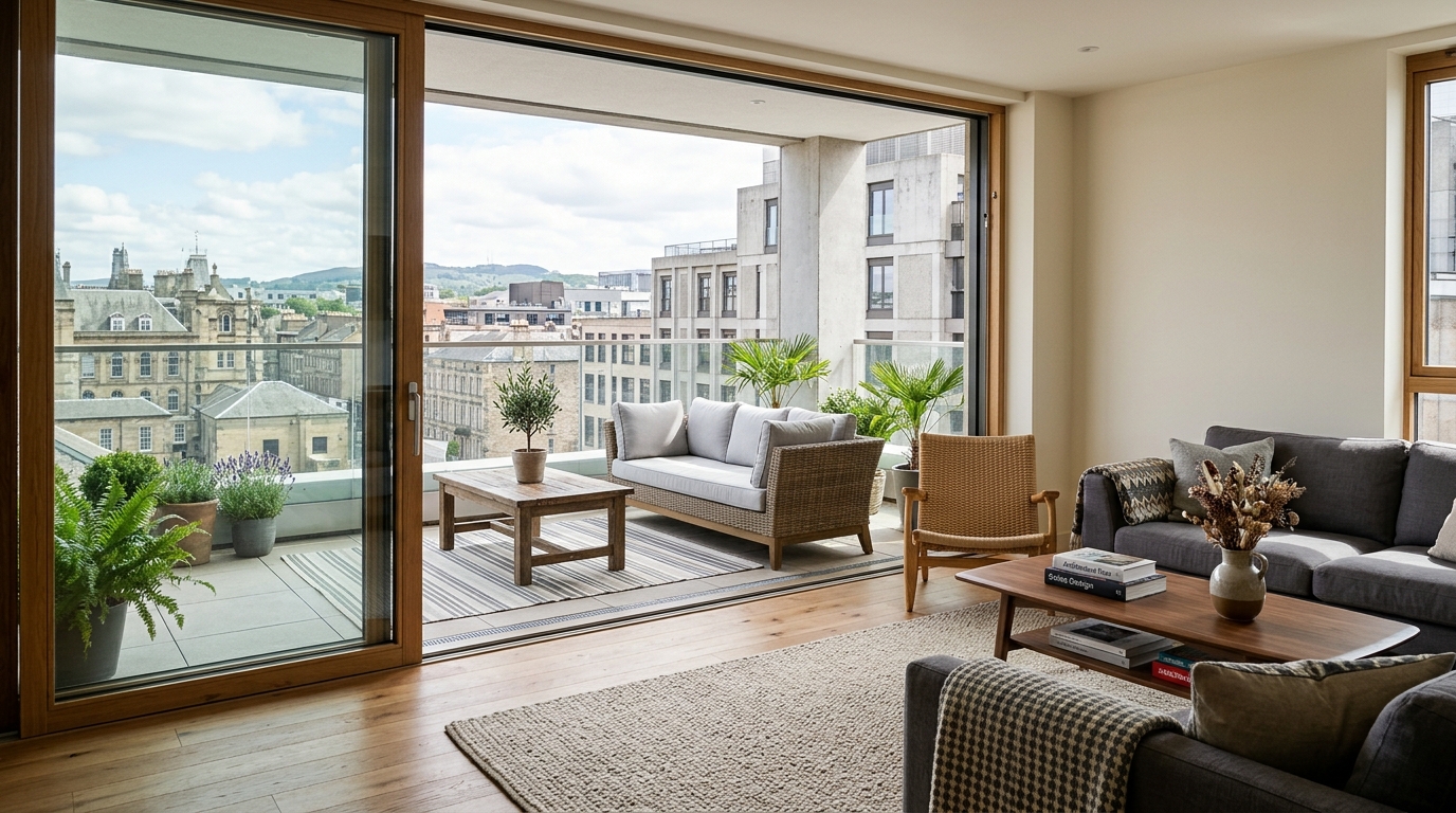 View from inside a living room looking through floor-to-ceiling glass at a perfectly aligned balcony sightline.