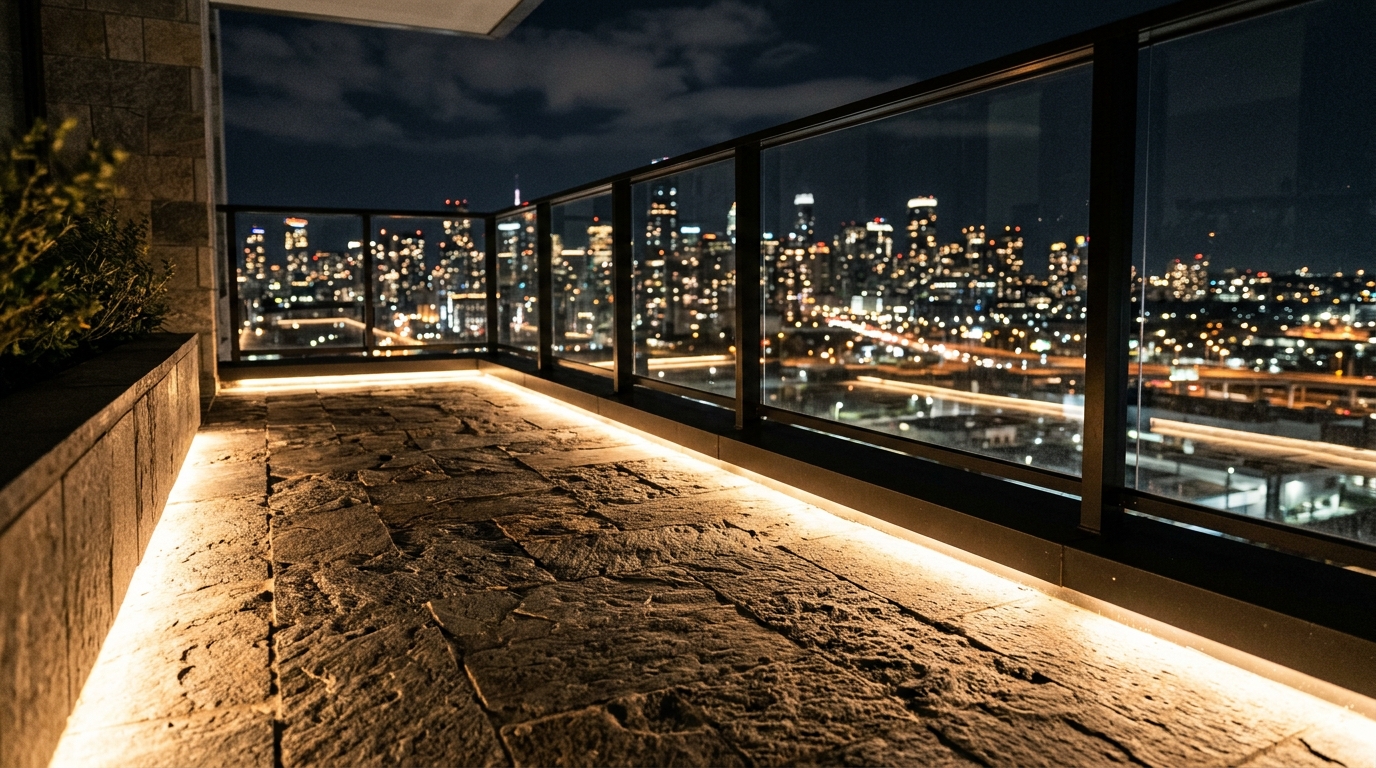 Dusk view of a balcony showing 2700K LED strip lighting under-mounted on a custom oak banquette.