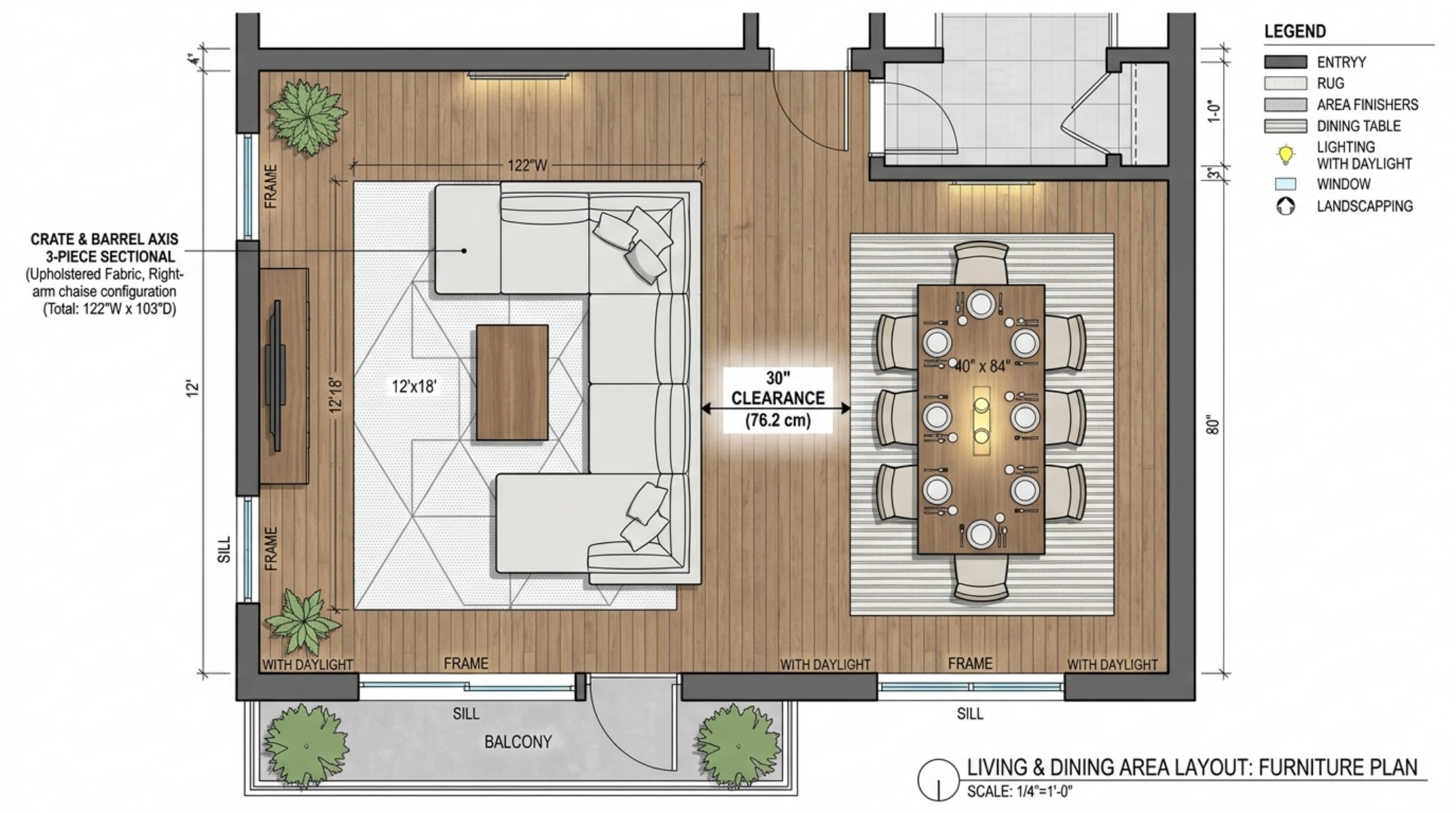Overhead architectural view of a sectional sofa placement illustrating 30-inch dining chair clearances and primary circulation paths.
