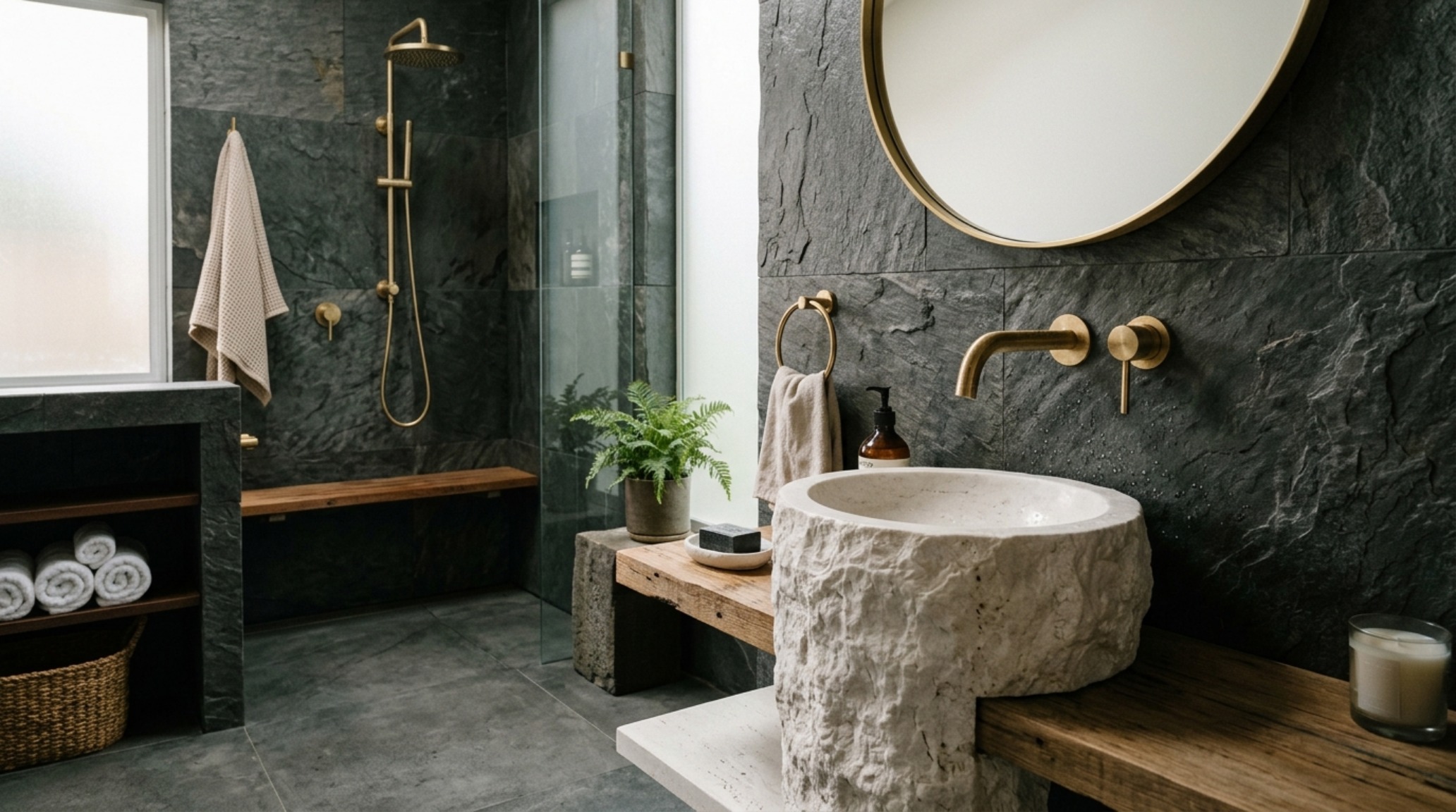 High-contrast bathroom design with floor-to-ceiling slate tiles and a freestanding stone tub, embodying modern best house apartment april 2017 decor ideas ideas.