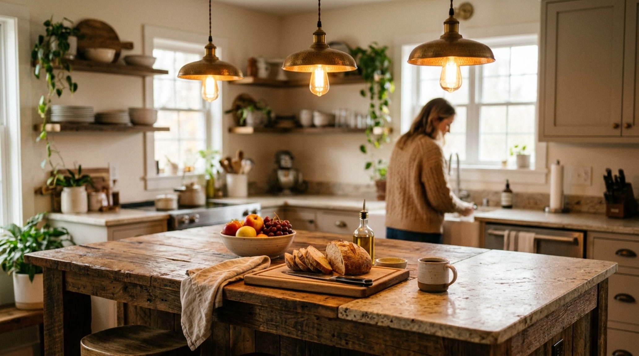 best kitchen counter material lighting guide showing the effect of 2700K ambient pendants over a rustic butcher block breakfast bar best kitchen counter material lighting guide showing the effect of 2700K ambient pendants over a rustic butcher block breakfast bar