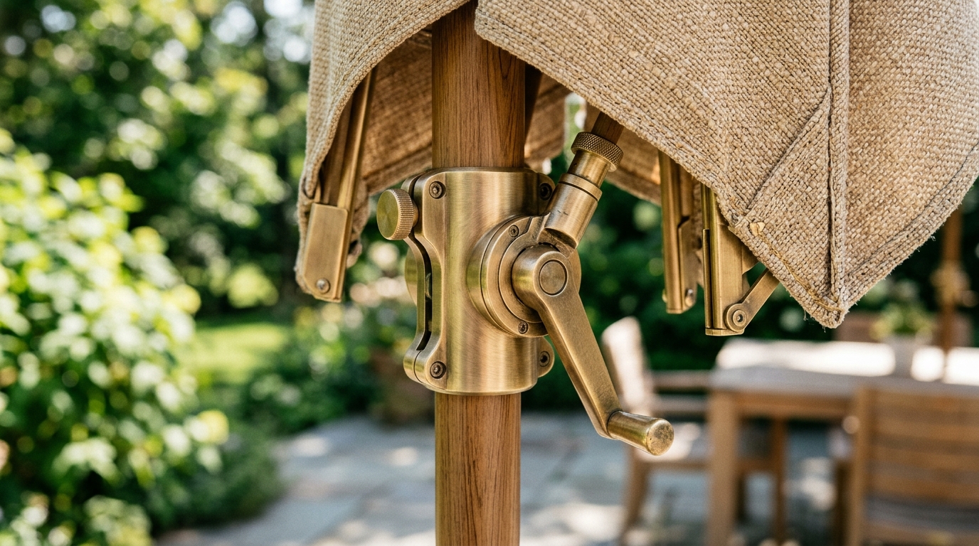 High-detail texture shot of a solution-dyed acrylic umbrella canopy and brushed brass hardware.