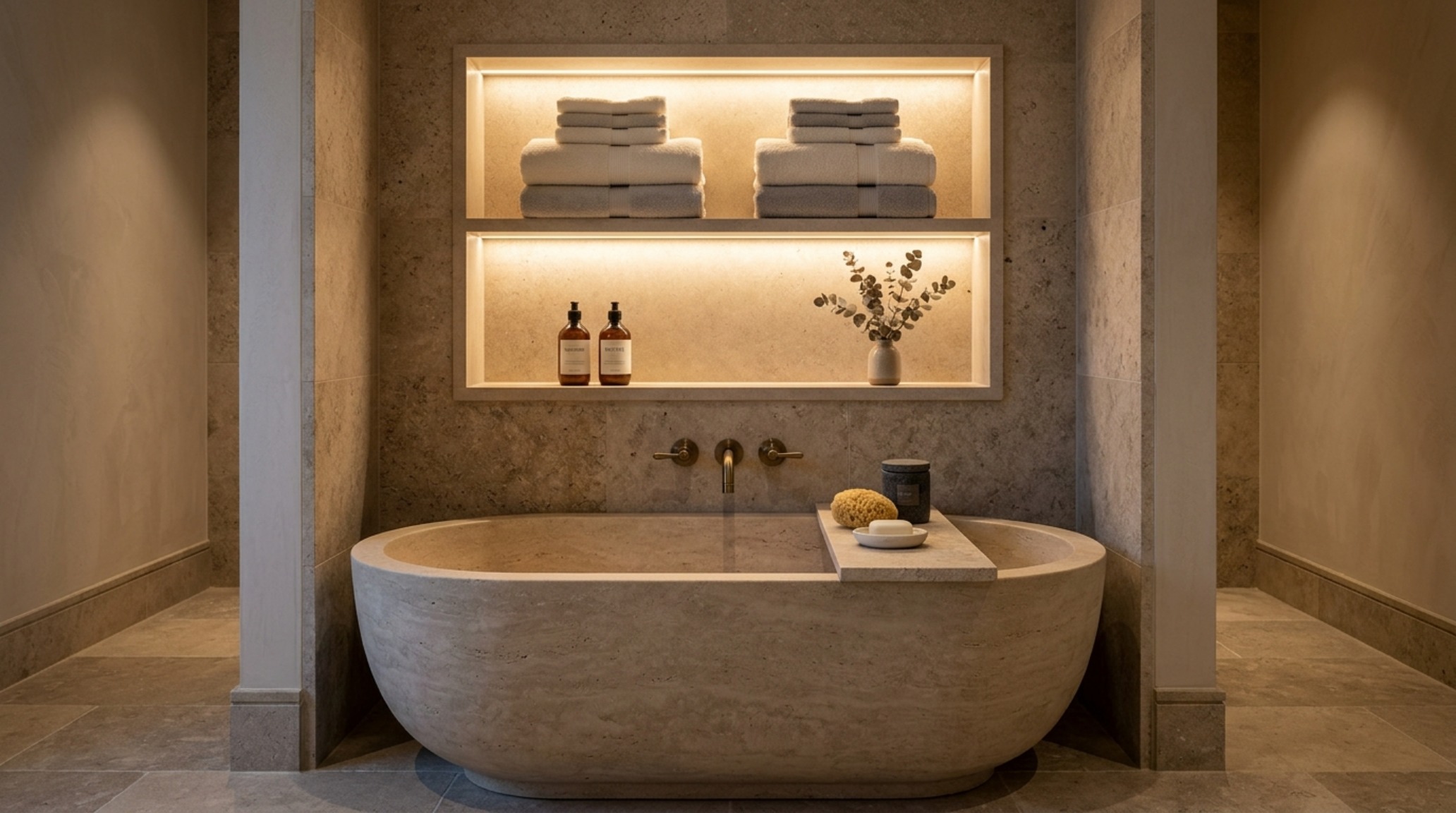 A serene bathroom corner featuring a limestone tub, a stone tray, and a 36-inch clearance walkway, emphasizing architectural precision.