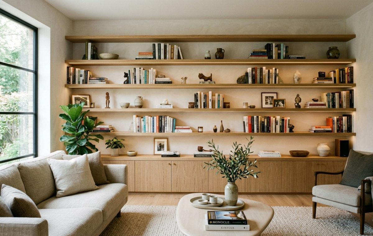 A serene living room featuring floor-to-ceiling built-in white oak floating shelves against a soft limewash wall, illuminated by warm 2700K recessed lighting.