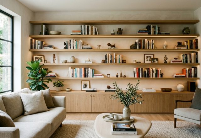 A serene living room featuring floor-to-ceiling built-in white oak floating shelves against a soft limewash wall, illuminated by warm 2700K recessed lighting.