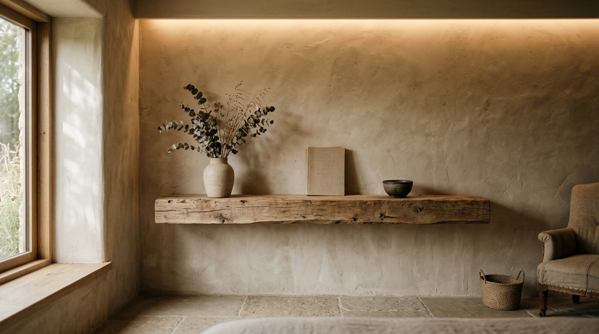 Tactile contrast in a living room featuring smooth plaster walls, rough-hewn timber shelves, and warm 2700K ambient backlighting.
