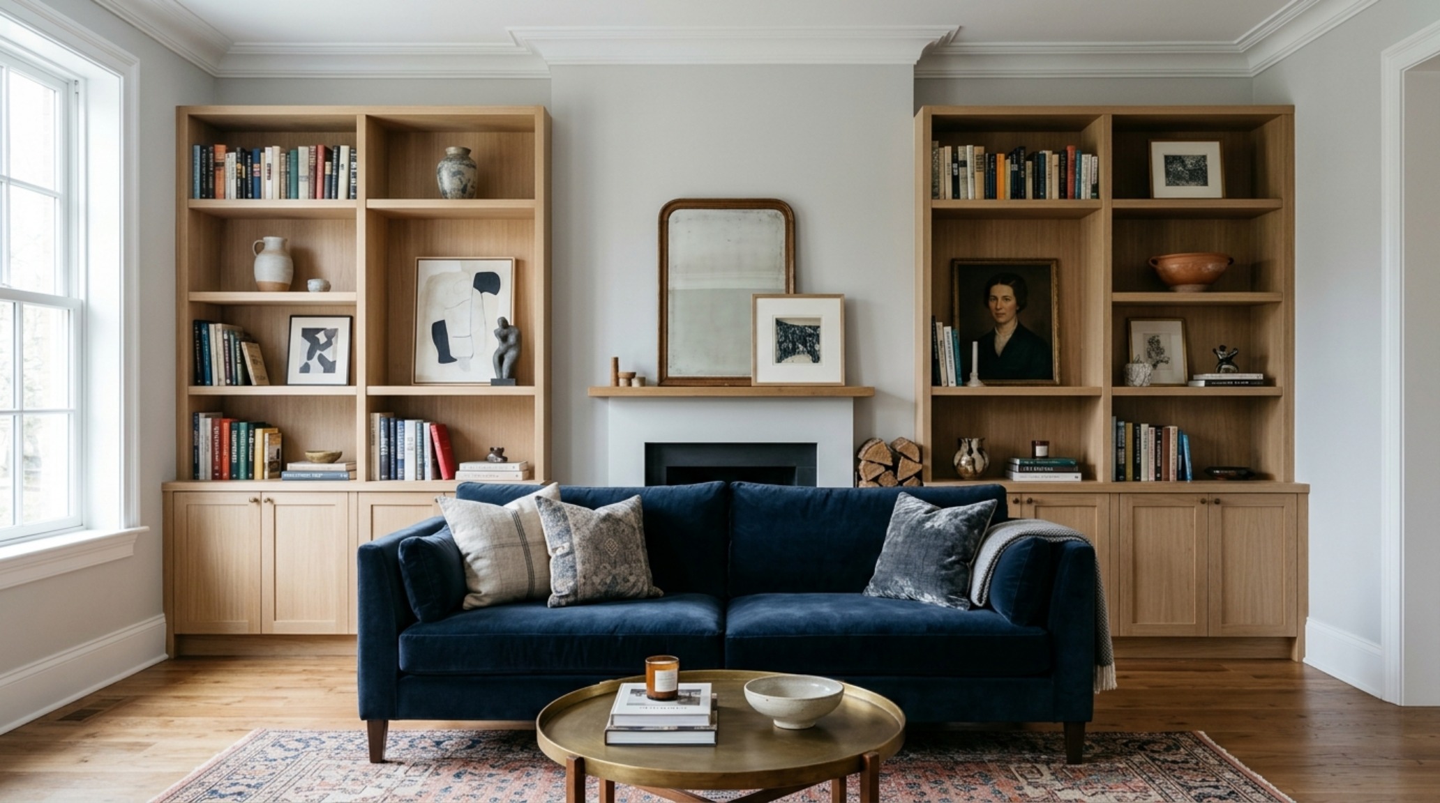 An editorial view of a symmetrical built-in shelving unit flanking a fireplace, demonstrating perfect spatial cadence and 18-inch coffee table reach zones.