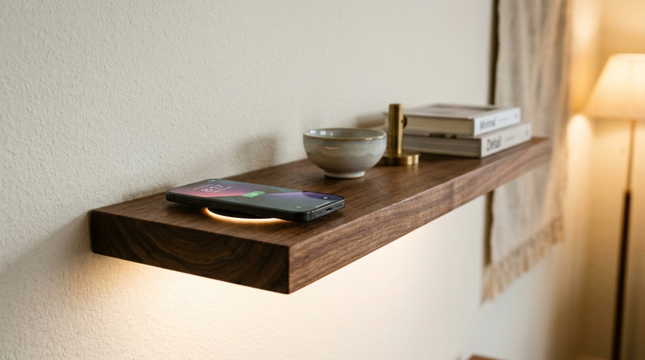 Detail of concealed wire management in a custom built-in shelf, housing a hidden speaker and digital art frame without visible cables.