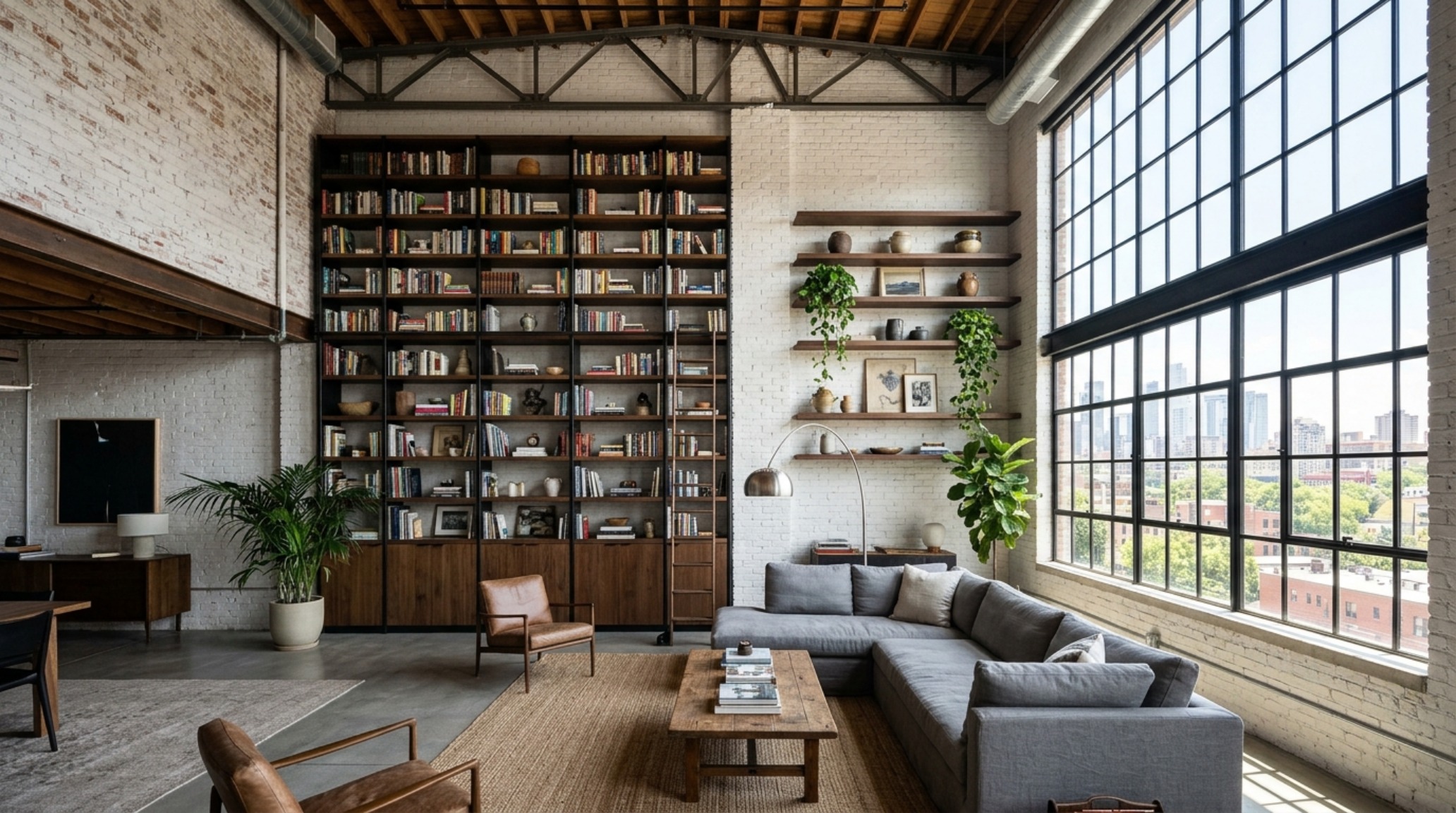 A floor-to-ceiling library wall in a modern urban loft, using living room floating shelves ideas to maximize vertical space without sacrificing airy aesthetics.