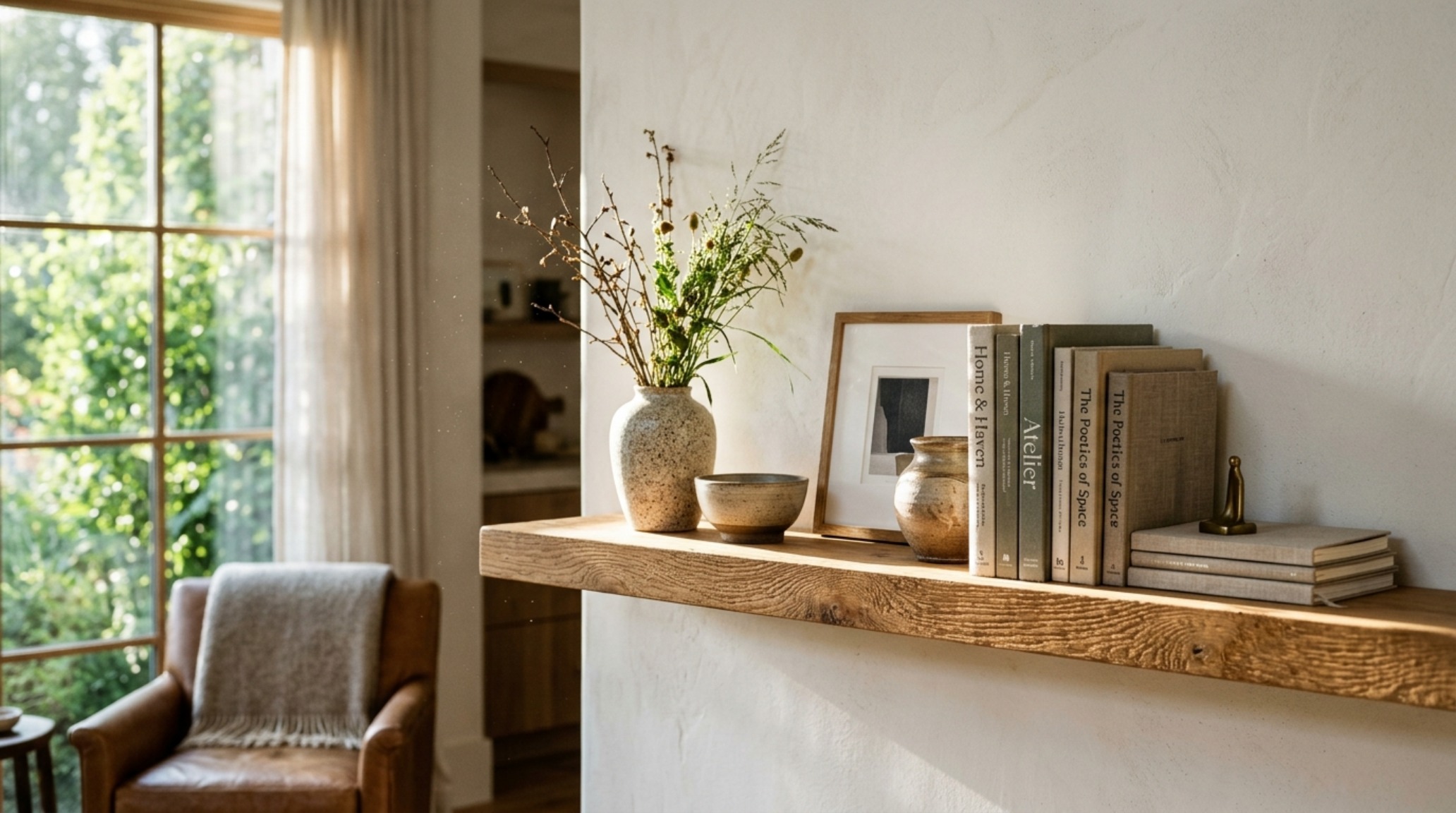 A final architectural reflection of a sun-drenched living room where built-in shelves catch the morning light, highlighting organic finishes and serene styling.
