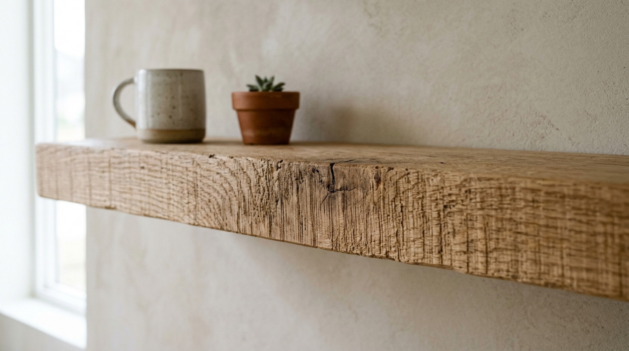 Close-up of a 3-inch thick wire-brushed white oak floating shelf, showcasing natural grain texture and precise architectural joinery in a minimalist living room.