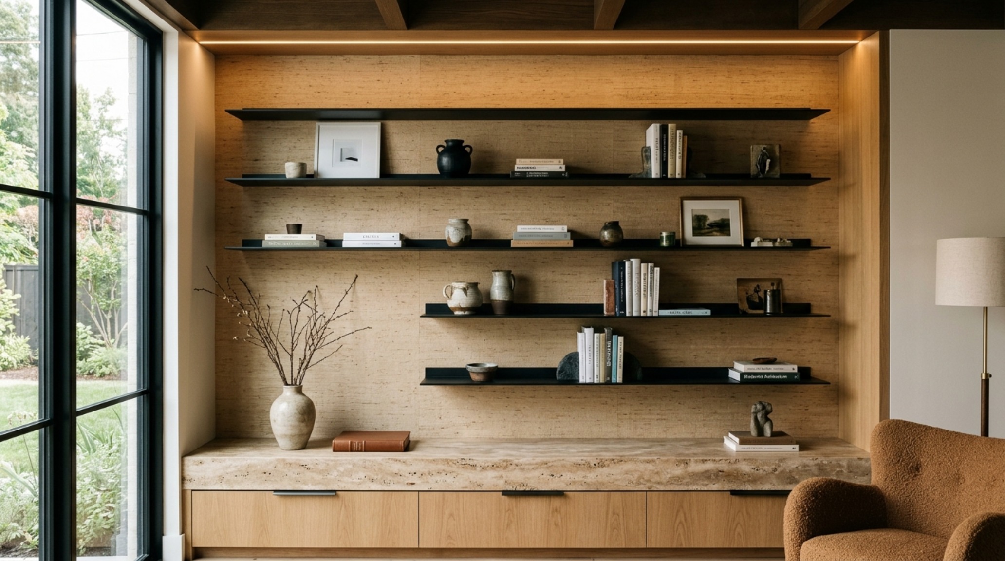 A luxury library nook with built-in bookshelves featuring a honed travertine base shelf and slim black metal floating ledges above.