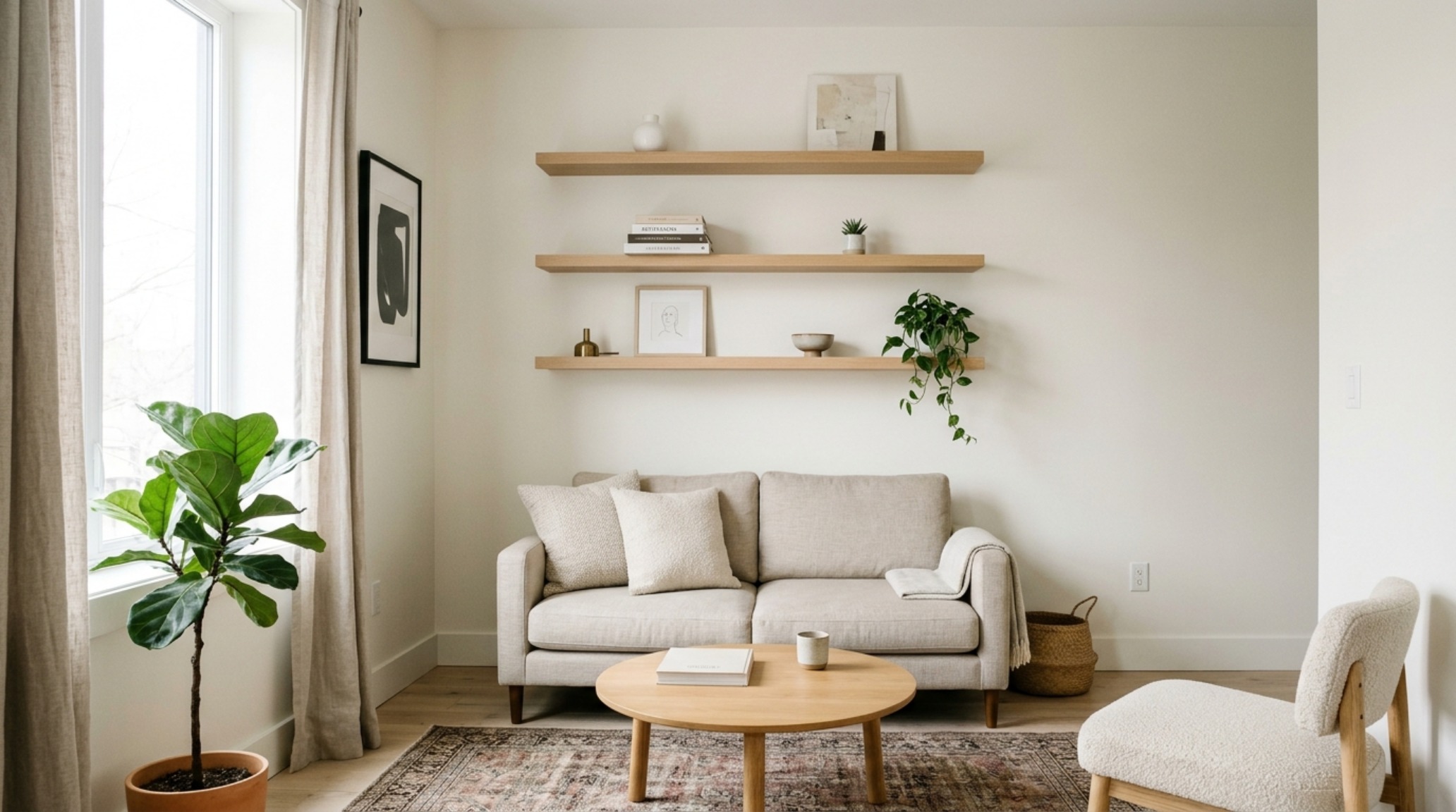 Interior view of a small space living room where floating shelves are arranged with significant negative space to maintain sightline alignment and architectural flow.