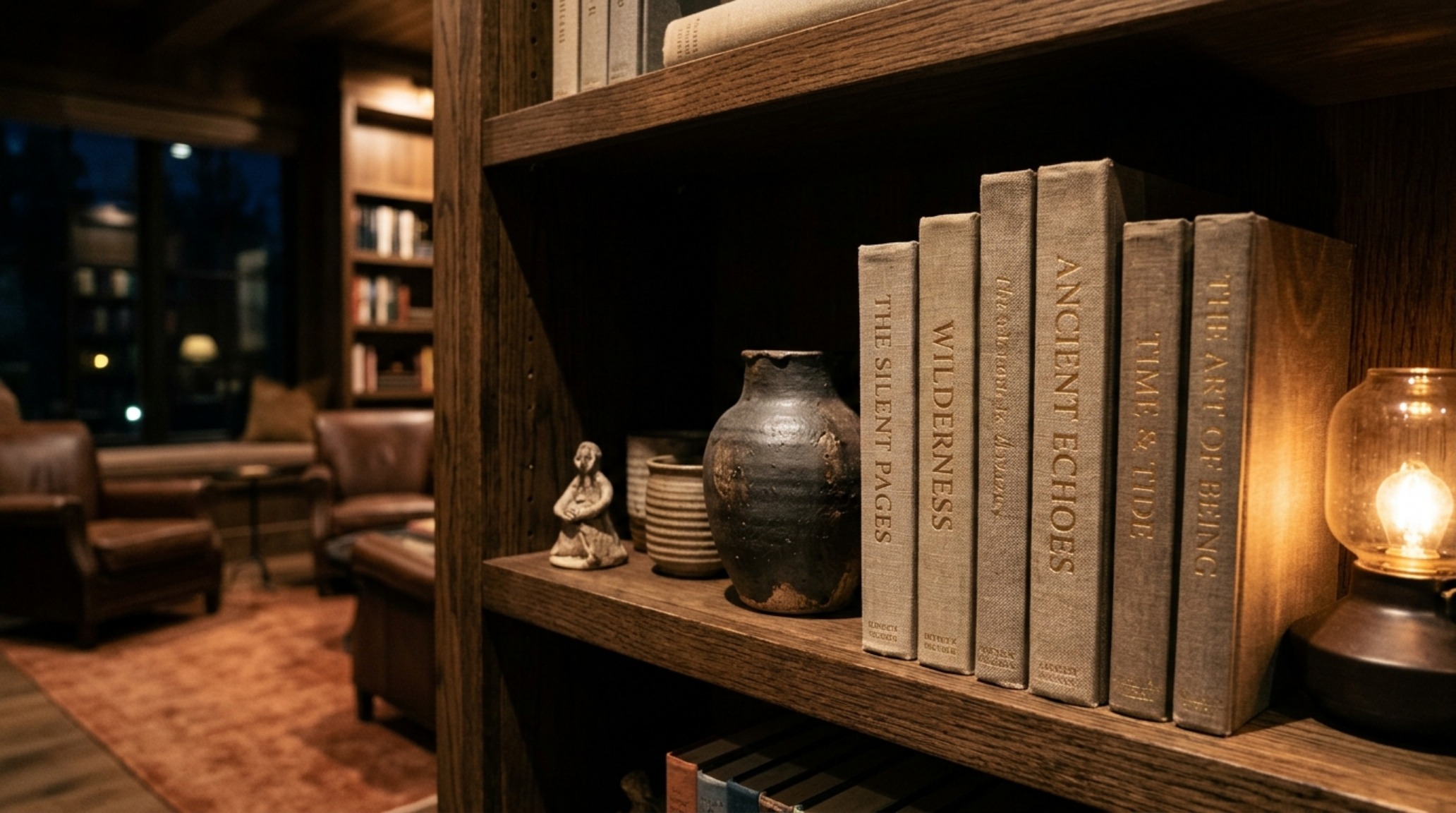An evening shot of a living room bookshelf with high CRI 90+ lighting, emphasizing the rich textures of linen-bound books and organic clay sculptures.