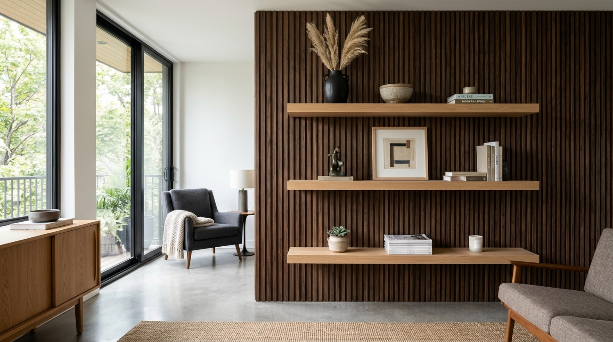 Modern living room floating shelves ideas featuring fluted walnut panels and concealed mounting hardware for a seamless, floating effect.