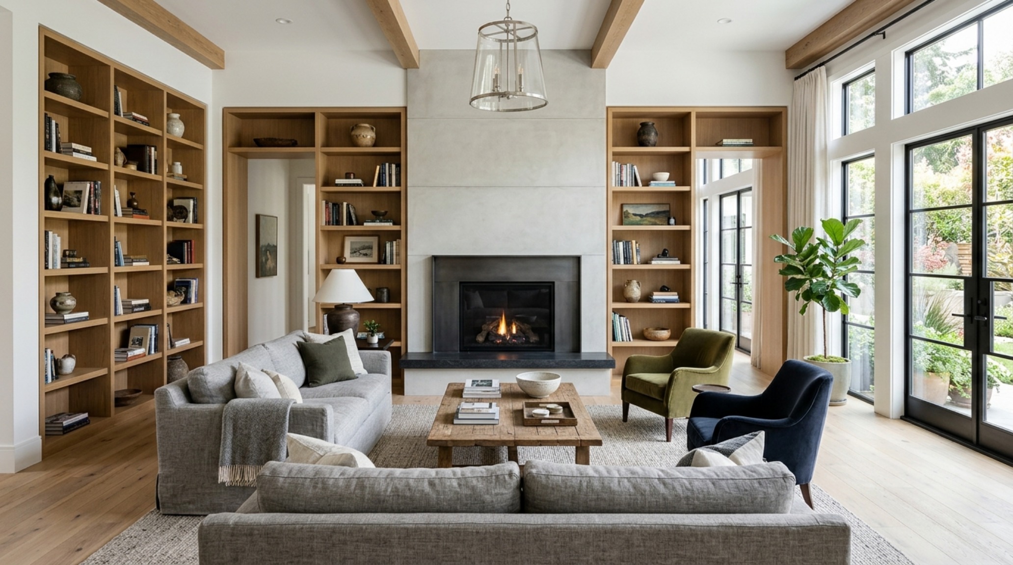Architectural detail of a built-in bookshelf integrated into a corner, maintaining 36-inch walkway clearances in an open-plan luxury home.