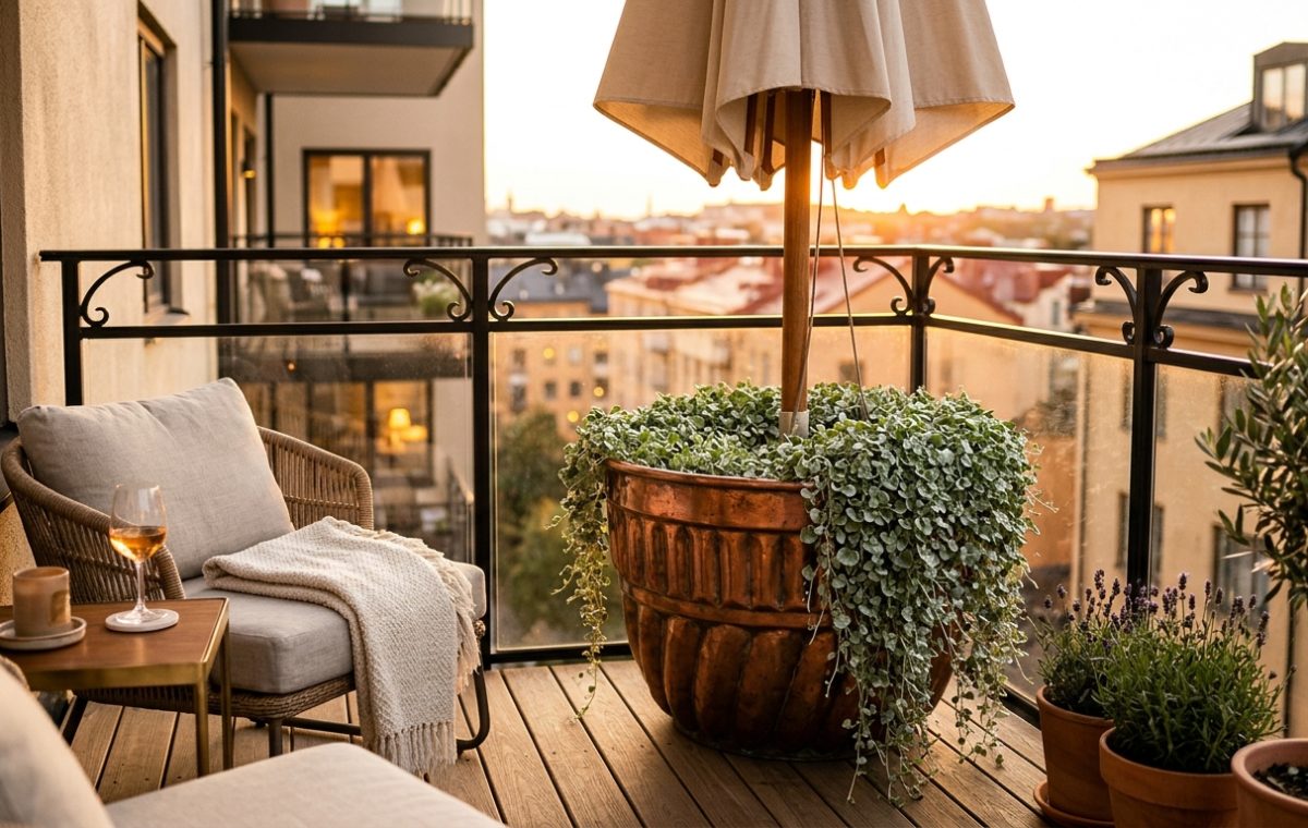 Editorial wide shot of a luxury urban balcony featuring a Bundt pan patio umbrella planter hack with trailing succulents and warm 2700K lighting.
