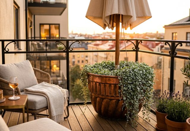 Editorial wide shot of a luxury urban balcony featuring a Bundt pan patio umbrella planter hack with trailing succulents and warm 2700K lighting.