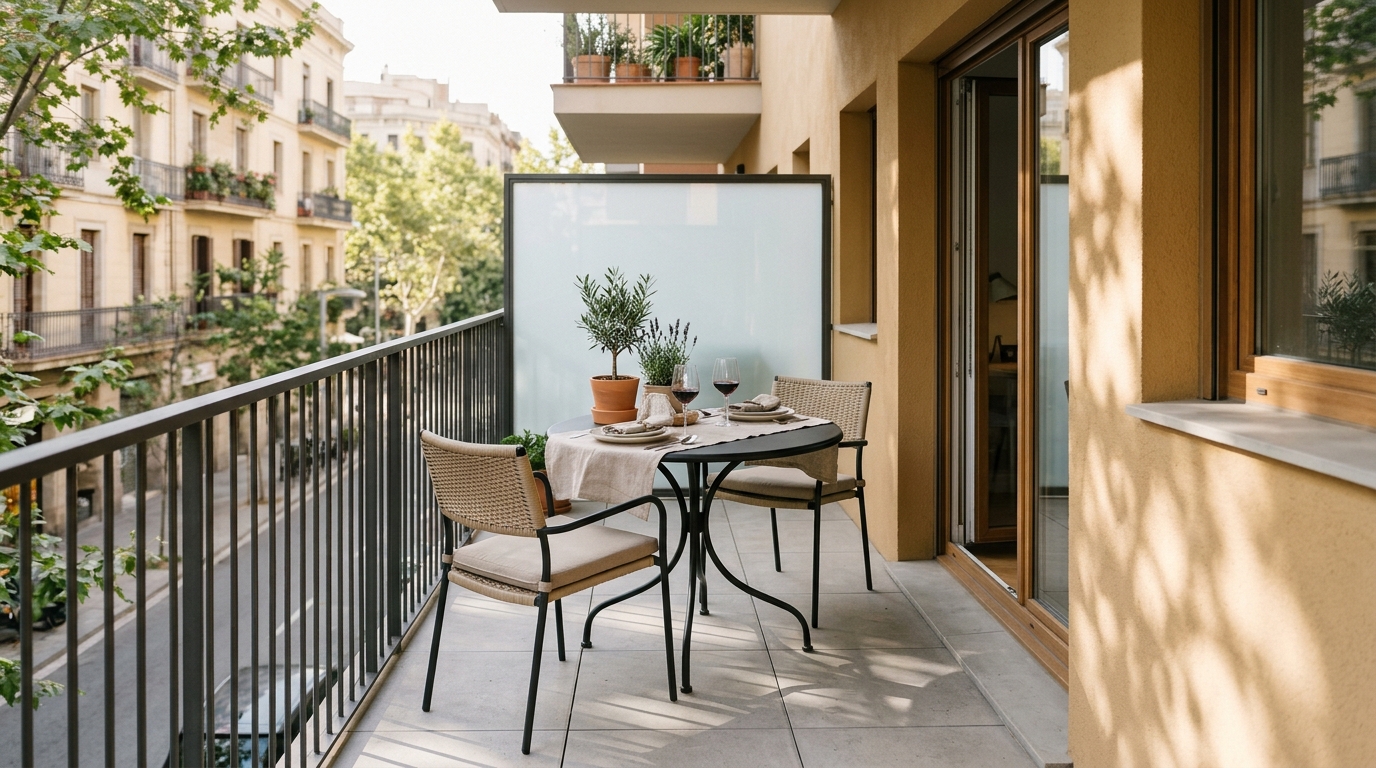 Small apartment balcony ideas layout showing a circular bistro table and two slender chairs with 30-inch clearance.