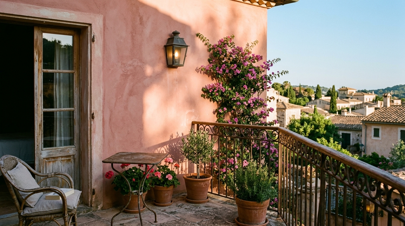 Directional natural sunlight hitting a limewash wall painted in Farrow & Ball Setting Plaster on a compact terrace.