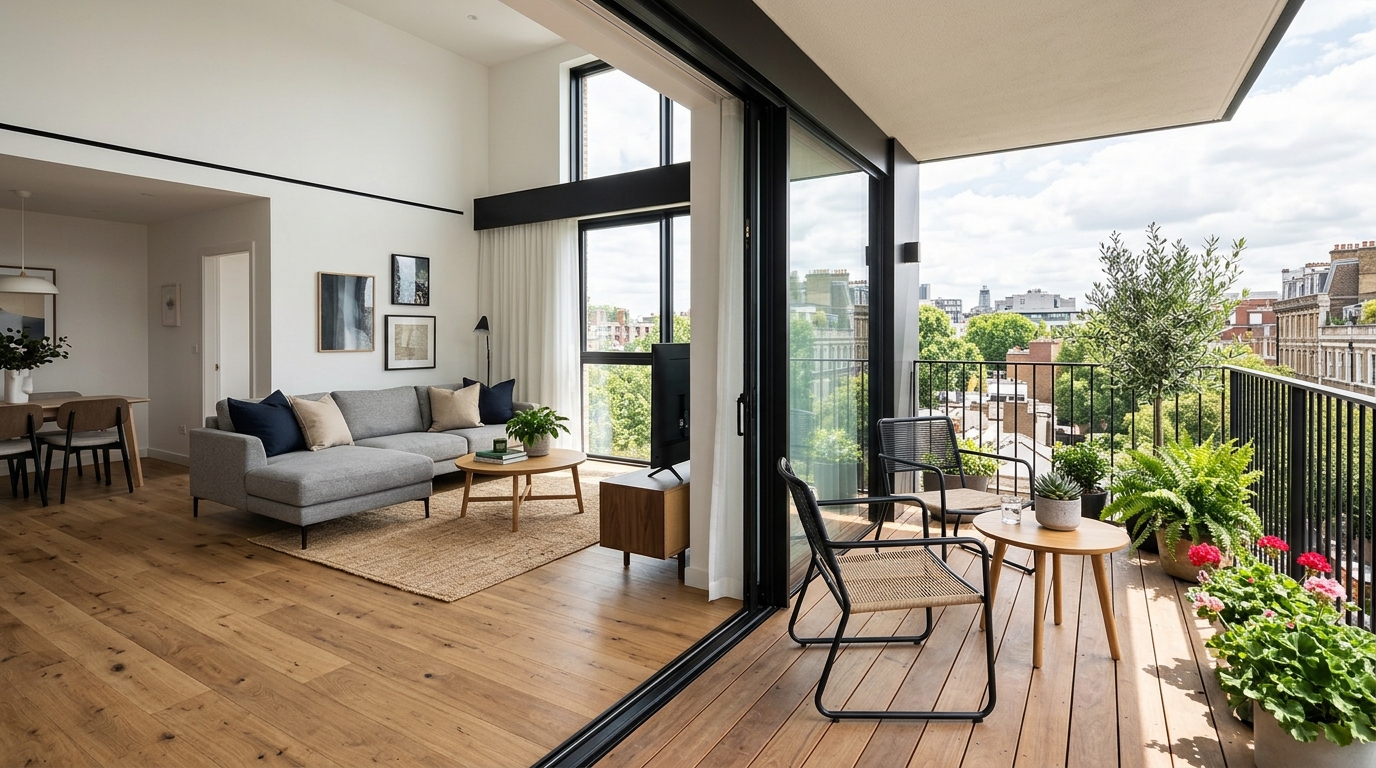 Small apartment balcony ideas architecture highlighting the seamless transition from indoor hardwood to outdoor teak decking.