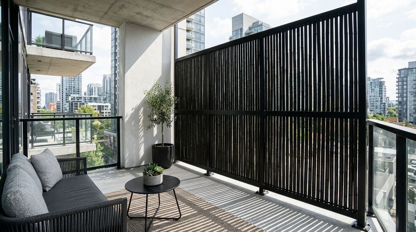 Modern small apartment balcony ideas ideas with a focus on privacy screens made of sustainable bamboo and black powder-coated aluminum.