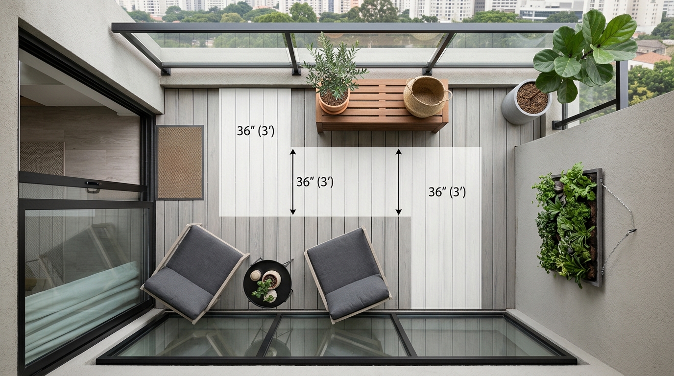 Architectural floor plan perspective of a small balcony showing 36-inch walkway clearances and ergonomic furniture placement.