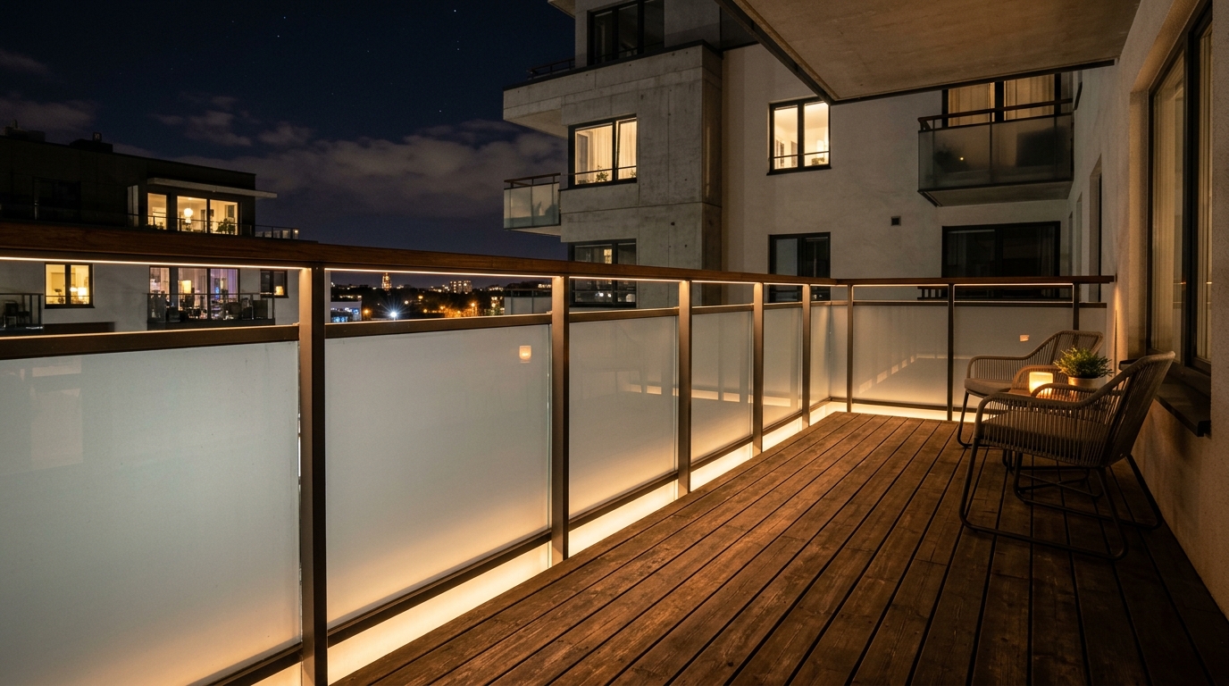 Close-up of high CRI 92+ LED strip lighting tucked under a balcony railing for indirect atmospheric glow.