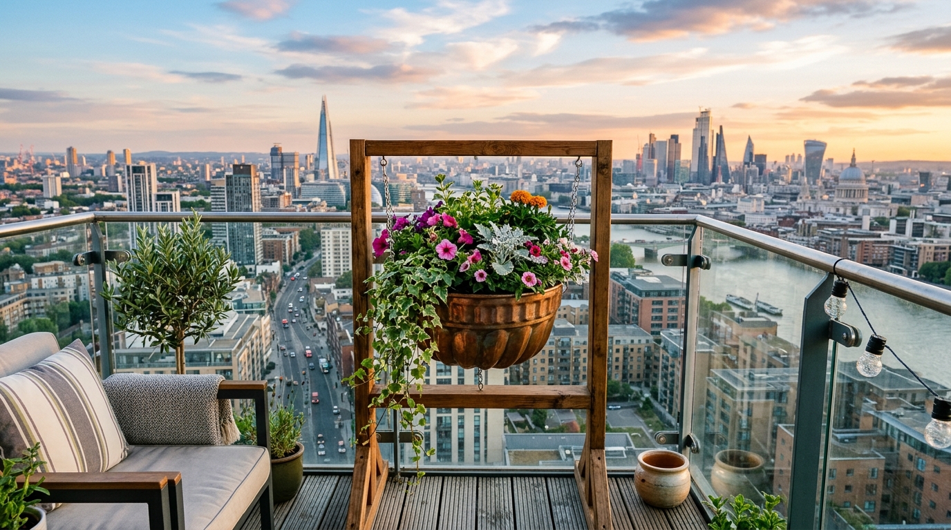 A lush vertical garden setup on a balcony using a Bundt pan patio umbrella planter hack as the focal point.