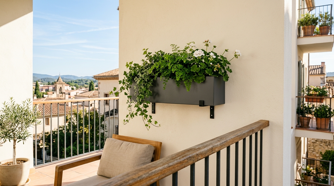 Contemporary balcony design with Benjamin Moore Swiss Coffee walls and dark slate grey floor tiles.