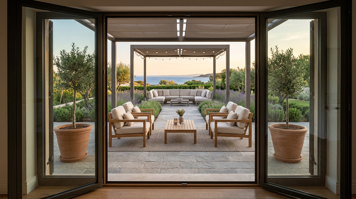 Architectural sightline alignment from an indoor living room to an outdoor balcony sanctuary.