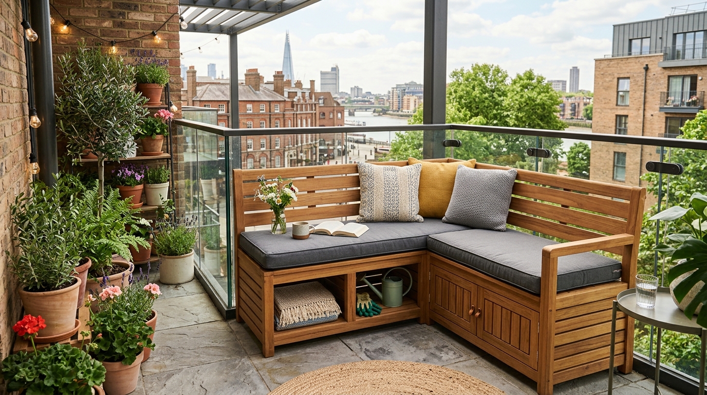 Small space small apartment balcony ideas with hidden storage benches and integrated planter boxes.