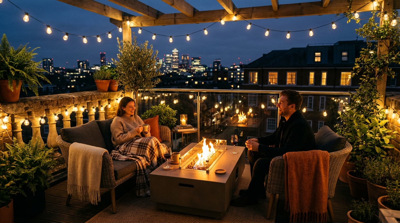 An evening balcony scene with flickering candles and warm LED string lights at a consistent 2700K temperature.